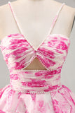 Branco Fuchsia Flor Halter Tiered Vestido Homecoming Impresso