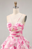 Branco Fuchsia Flor Halter Tiered Vestido Homecoming Impresso