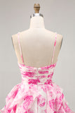 Branco Fuchsia Flor Halter Tiered Vestido Homecoming Impresso