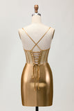 Cetim metálico Ruched Golden Bodycon Corset Homecoming Dress com Missangas