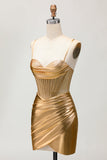 Cetim metálico Ruched Golden Bodycon Corset Homecoming Dress com Missangas