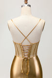 Cetim metálico Ruched Golden Bodycon Corset Homecoming Dress com Missangas