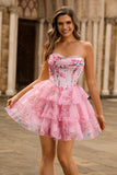 A-Line Espartilho sem alças Tiered Flor Rosa Vestido Curto Homecoming