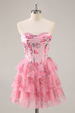 A-Line Espartilho sem alças Tiered Flor Rosa Vestido Curto Homecoming