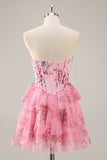 A-Line Espartilho sem alças Tiered Flor Rosa Vestido Curto Homecoming