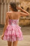 A-Line Espartilho sem alças Tiered Flor Rosa Vestido Curto Homecoming