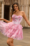 Rosa Floral Strapless A-Line Corset Tiered Vestido Curto Homecoming