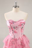 A-Line Espartilho sem alças Tiered Flor Rosa Vestido Curto Homecoming