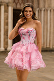 Rosa Floral Strapless A-Line Corset Tiered Vestido Curto Homecoming
