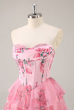 A-Line Espartilho sem alças Tiered Flor Rosa Vestido Curto Homecoming