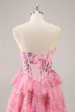 A-Line Espartilho sem alças Tiered Flor Rosa Vestido Curto Homecoming