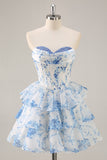 Branco Azul Flor A-Line Espartilho Sem Alças Tiered Vestido Curto Homecoming
