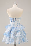 Branco Azul Flor A-Line Espartilho Sem Alças Tiered Vestido Curto Homecoming