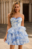 Branco Azul Flor A-Line Espartilho Sem Alças Tiered Vestido Curto Homecoming