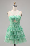 Verde Flores Plissado Linha-A Mini Vestido Cocktail