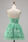 Verde Flores Plissado Linha-A Mini Vestido Cocktail