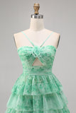 Verde Flores Plissado Linha-A Mini Vestido Cocktail