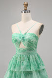 Verde Flores Plissado Linha-A Mini Vestido Cocktail