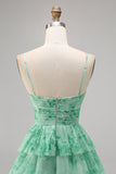 Verde Flores Plissado Linha-A Mini Vestido Cocktail