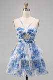 Verde Flores Plissado Linha-A Mini Vestido Cocktail
