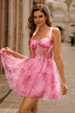 Rosa Floral A-Line Esparguete Correias Espartilho Vestido Curto Homecoming