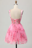 Rosa Floral A-Line Esparguete Correias Espartilho Vestido Curto Homecoming