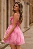 Rosa Floral A-Line Esparguete Correias Espartilho Vestido Curto Homecoming