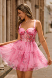 Rosa Floral A-Line Esparguete Correias Espartilho Vestido Curto Homecoming
