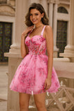 Rosa Floral A-Line Esparguete Correias Espartilho Vestido Curto Homecoming