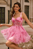 Rosa Floral A-Line Esparguete Correias Espartilho Vestido Curto Homecoming