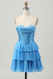 Strapless Fuchsia Corset Tiered A Line Short Homecoming Dress
