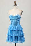 Blue Tiered Corset Uma linha Strapless Short Homecoming Dress