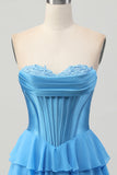 Blue Tiered Corset Uma linha Strapless Short Homecoming Dress