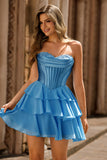Espartilho sem alças azul Tiered A-Line Short Homecoming Dress