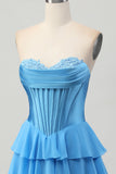 Blue Tiered Corset Uma linha Strapless Short Homecoming Dress