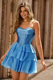 Espartilho sem alças azul Tiered A-Line Short Homecoming Dress