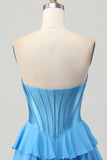 Blue Tiered Corset Uma linha Strapless Short Homecoming Dress