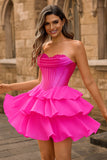 Strapless Fuchsia Corset Tiered A Line Short Homecoming Dress