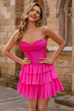 Strapless Fuchsia Corset Tiered A Line Short Homecoming Dress