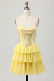 Strapless Fuchsia Corset Tiered A Line Short Homecoming Dress