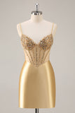 Golden Bodycon Esparguete Correias Corset Frisado Vestido Curto Homecoming