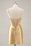 Golden Bodycon Esparguete Correias Corset Frisado Vestido Curto Homecoming