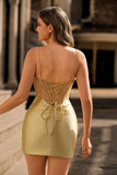Golden Bodycon Esparguete Correias Corset Frisado Vestido Curto Homecoming