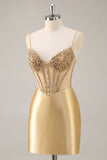Dourado Brilhante Espartilho Bodycon Mini Vestido Cocktail