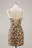 Kahki Leopard Corset Bodycon Homecoming Vestido com Sequins