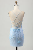 Blue Bodycon Corset Sequins Vestido Curto Homecoming com Flores 3D