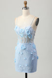 Blue Bodycon Corset Sequins Vestido Curto Homecoming com Flores 3D