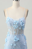 Blue Bodycon Corset Sequins Vestido Curto Homecoming com Flores 3D