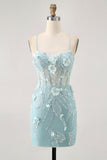 Espartilho Azul Sequins Vestido Bodycon Homecoming Floral