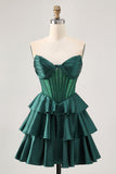 Verde escuro frisado A-line Strapless Corset Homecoming Dress